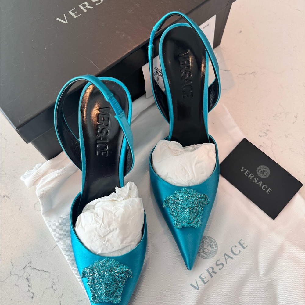 Brand New, Never Worn Versace Sling Back. Color: Teal (Blue)